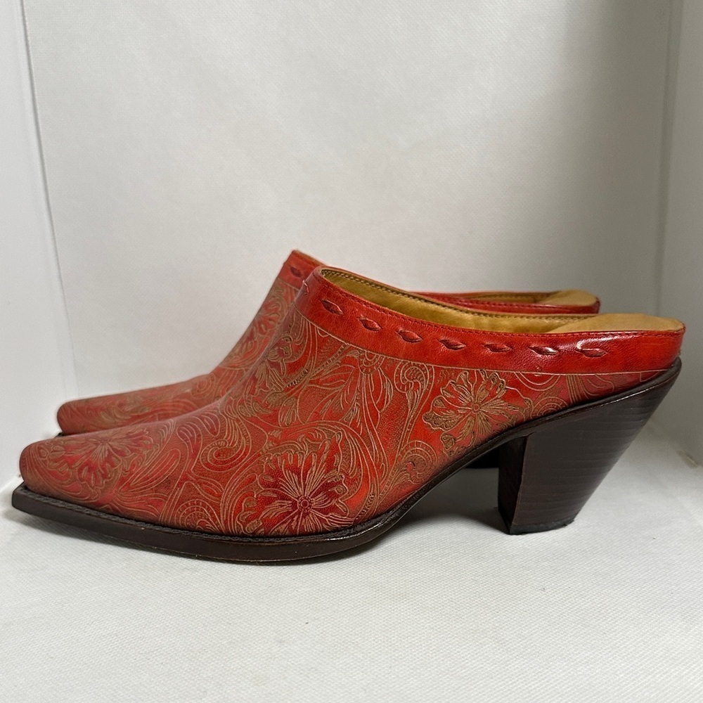 Charlie 1 Horse Red Embossed Leather Western Mules Size 6 B / 36.5 EU - EUC - Picture 9 of 14